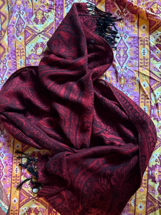None Accessories - Rich Red and Black Paisley Fringe Scarf